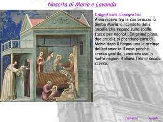 Nascita di Maria e Lavanda
                  I significati iconografici
                  Anna riceve tra le sue braccia la
                  bimba Maria, circondata dalle
                  ancelle che recano sulle spalle
                  fasce per neonati. In primo piano,
                  due ancelle si prendono cura di
                  Maria dopo il bagno: una le stringe
                  delicatamente il naso perché
                  cresca gentile, come era uso in
                  molte regioni italiane fino al secolo
                  scorso.




                                   Indietro     Avanti
 