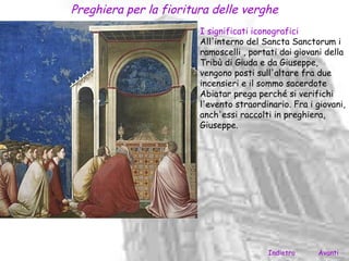 Preghiera per la fioritura delle verghe
                        I significati iconografici
                        All'interno del Sancta Sanctorum i
                        ramoscelli , portati dai giovani della
                        Tribù di Giuda e da Giuseppe,
                        vengono posti sull'altare fra due
                        incensieri e il sommo sacerdote
                        Abiatar prega perché si verifichi
                        l'evento straordinario. Fra i giovani,
                        anch'essi raccolti in preghiera,
                        Giuseppe.




                                         Indietro     Avanti
 