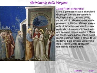 Matrimonio della Vergine
                 I significati iconografici
                 Maria è promessa sposa all'anziano
                 Giuseppe. La solenne cerimonia
                 degli sponsali o consacrazione,
                 secondo il rito ebraico, avviene alla
                 presenza di Abiatar . Giuseppe reca
                 nella sinistra il ramoscello divenuto
                 giglio, da cui sta per spiccare il volo
                 una colomba bianca, e offre a Maria
                 un anello. Maria porta i capelli sciolti
                 (come le donne nubili) e ornati da un
                 diadema. Sulla sinistra, un giovane
                 della Tribù di Giuda spezza un
                 ramoscello in segno d'ira.




                                   Indietro      Avanti
 