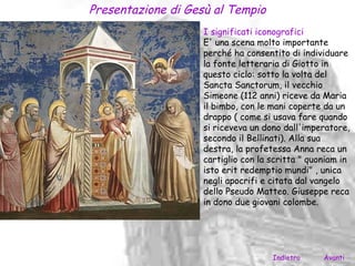 Presentazione di Gesù al Tempio
                    I significati iconografici
                    E' una scena molto importante
                    perché ha consentito di individuare
                    la fonte letteraria di Giotto in
                    questo ciclo: sotto la volta del
                    Sancta Sanctorum, il vecchio
                    Simeone (112 anni) riceve da Maria
                    il bimbo, con le mani coperte da un
                    drappo ( come si usava fare quando
                    si riceveva un dono dall'imperatore,
                    secondo il Bellinati). Alla sua
                    destra, la profetessa Anna reca un
                    cartiglio con la scritta " quoniam in
                    isto erit redemptio mundi" , unica
                    negli apocrifi e citata dal vangelo
                    dello Pseudo Matteo. Giuseppe reca
                    in dono due giovani colombe.




                                     Indietro     Avanti
 