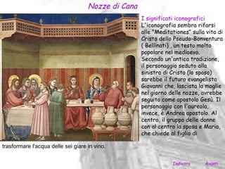 Nozze di Cana
                                                    I significati iconografici
                                                    L'iconografia sembra rifarsi
                                                    alle "Meditationes" sulla vita di
                                                    Cristo dello Pseudo-Bonventura
                                                    ( Bellinati) , un testo molto
                                                    popolare nel medioevo.
                                                    Secondo un'antica tradizione,
                                                    il personaggio seduto alla
                                                    sinistra di Cristo (lo sposo)
                                                    sarebbe il futuro evangelista
                                                    Giovanni che, lasciata la moglie
                                                    nel giorno delle nozze, avrebbe
                                                    seguito come apostolo Gesù. Il
                                                    personaggio con l'aureola,
                                                    invece, è Andrea apostolo. Al
                                                    centro, il gruppo delle donne
                                                    con al centro la sposa e Maria,
                                                    che chiede al figlio di

trasformare l'acqua delle sei giare in vino.


                                                                Indietro     Avanti
 