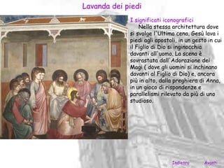 Lavanda dei piedi
             I significati iconografici
                 Nella stessa architettura dove
             si svolge l'Ultima cena, Gesù lava i
             piedi agli apostoli, in un gesto in cui
             il Figlio di Dio si inginocchia
             davanti all'uomo. La scena è
             sovrastata dall'Adorazione dei
             Magi ( dove gli uomini si inchinano
             davanti al Figlio di Dio) e, ancora
             più in alto, dalla preghiera di Anna,
             in un gioco di rispondenze e
             parallelismi rilevato da più di uno
             studioso.




                              Indietro      Avanti
 