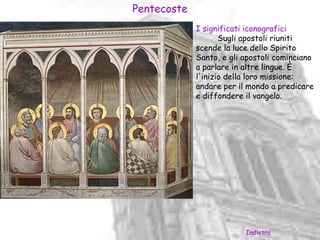 Pentecoste
             I significati iconografici
                    Sugli apostoli riuniti
             scende la luce dello Spirito
             Santo, e gli apostoli cominciano
             a parlare in altre lingue. È
             l'inizio della loro missione:
             andare per il mondo a predicare
             e diffondere il vangelo.




                          Indietro
 