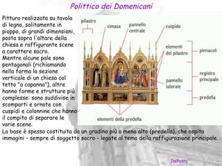 Polittico dei Domenicani
Pittura realizzata su tavola
di legno, solitamente in
pioppo, di grandi dimensioni,
posta sopra l'altare della
chiesa e raffigurante scene
a carattere sacro.
Mentre alcune pale sono
pentagonali (richiamando
nella forma la sezione
verticale di un chiesa col
tetto "a capanna"), altre
hanno forme e strutture più
complesse: sono suddivise in
scomparti e ornate con
cuspidi e colonnine che hanno
il compito di separare le
varie scene.
La base è spesso costituita da un gradino più o meno alto (predella), che ospita
immagini - sempre di soggetto sacro - legate al tema della raffigurazione principale.



                                                                  Indietro
 