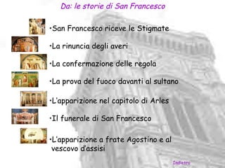 Da: le storie di San Francesco

•San Francesco riceve le Stigmate

•La rinuncia degli averi

•La confermazione delle regola

•La prova del fuoco davanti al sultano

•L’apparizione nel capitolo di Arles

•Il funerale di San Francesco

•L’apparizione a frate Agostino e al
 vescovo d’assisi
                                       Indietro
 