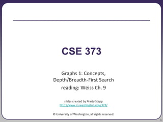1
CSE 373
Graphs 1: Concepts,
Depth/Breadth-First Search
reading: Weiss Ch. 9
slides created by Marty Stepp
http://www.cs.washington.edu/373/
© University of Washington, all rights reserved.
 