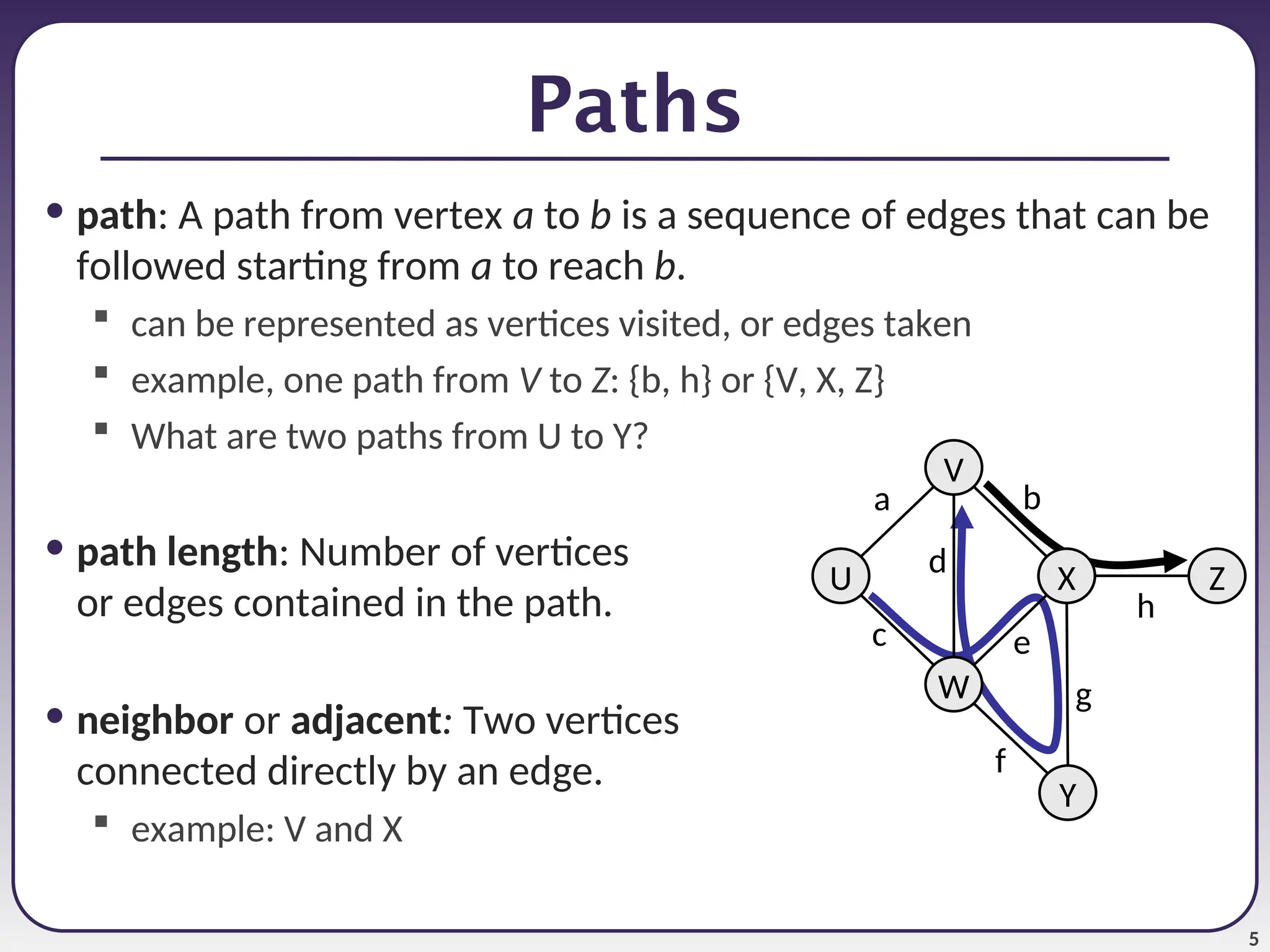 5
Paths
• path: A path from vertex a to b is a sequence of edges that can be
followed starting from a to reach b.
 can be represented as vertices visited, or edges taken
 example, one path from V to Z: {b, h} or {V, X, Z}
 What are two paths from U to Y?
• path length: Number of vertices
or edges contained in the path.
• neighbor or adjacent: Two vertices
connected directly by an edge.
 example: V and X
X
U
V
W
Z
Y
a
c
b
e
d
f
g
h
 