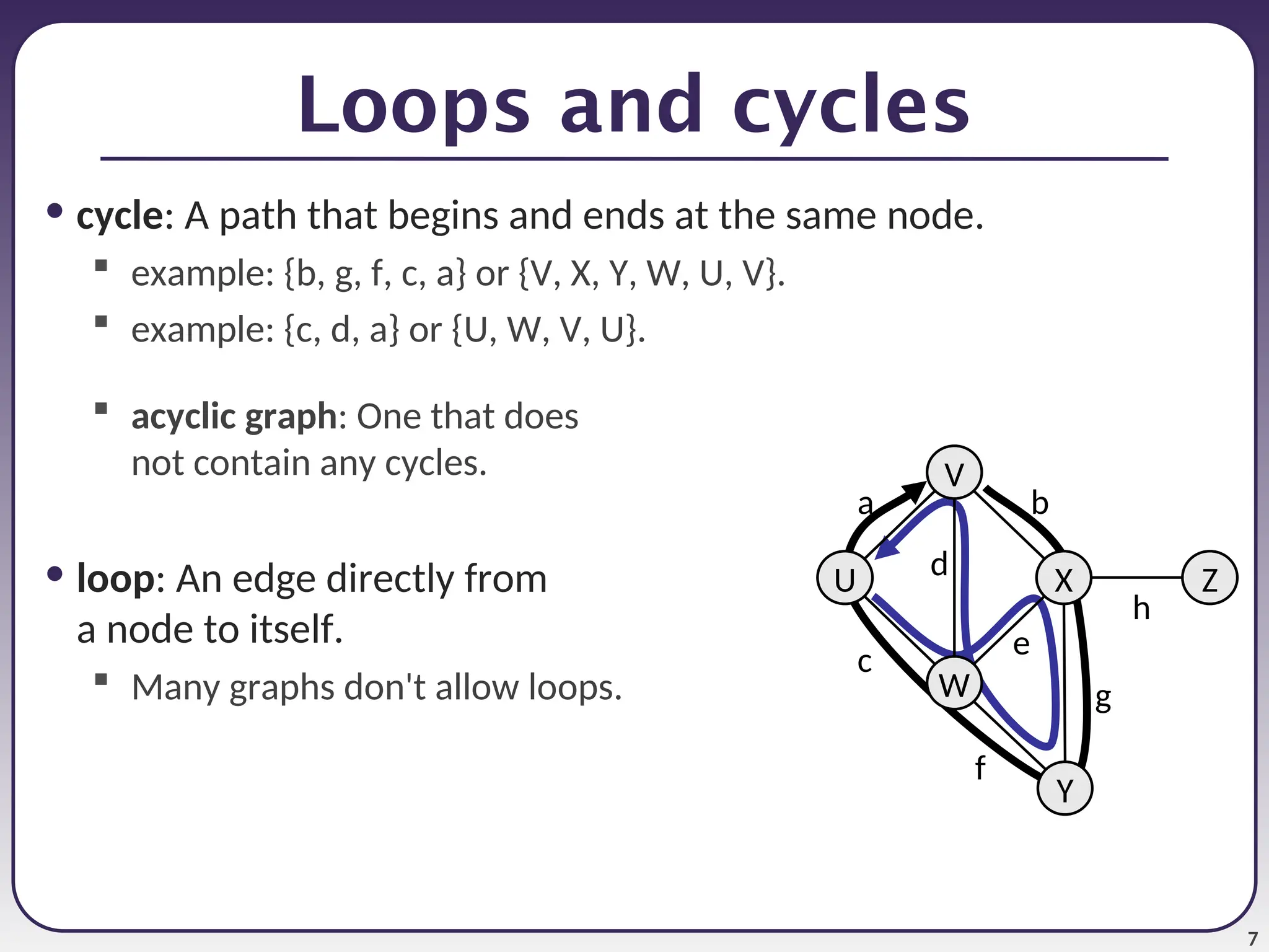 7
Loops and cycles
• cycle: A path that begins and ends at the same node.
 example: {b, g, f, c, a} or {V, X, Y, W, U, V}.
 example: {c, d, a} or {U, W, V, U}.
 acyclic graph: One that does
not contain any cycles.
• loop: An edge directly from
a node to itself.
 Many graphs don't allow loops.
X
U
V
W
Z
Y
a
c
b
e
d
f
g
h
 