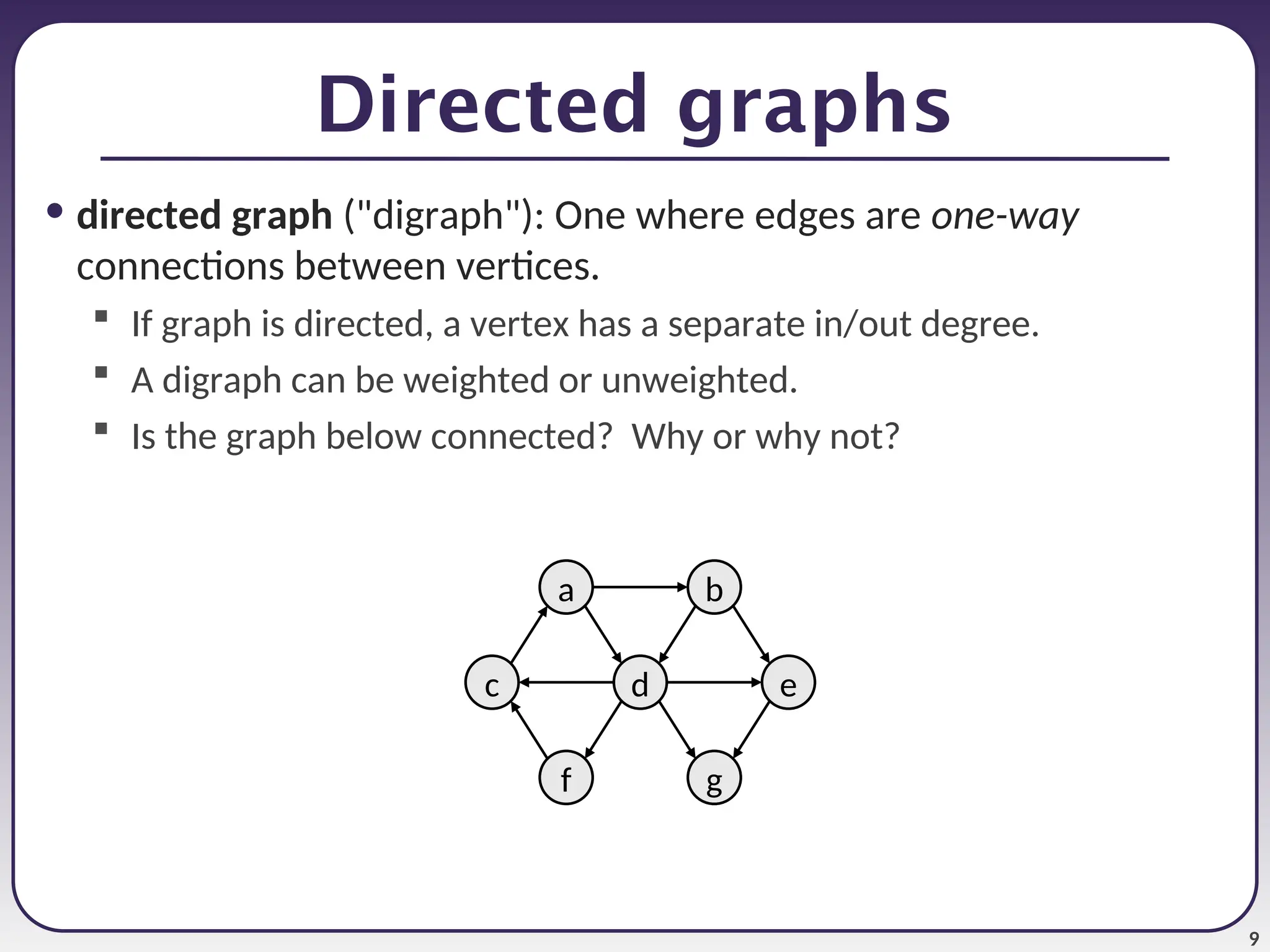 9
Directed graphs
• directed graph ("digraph"): One where edges are one-way
connections between vertices.
 If graph is directed, a vertex has a separate in/out degree.
 A digraph can be weighted or unweighted.
 Is the graph below connected? Why or why not?
a
d
b
e
g
f
c
 