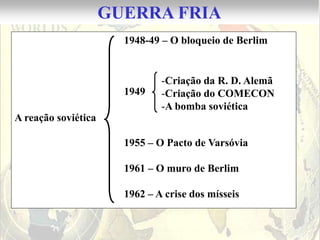 GUERRA FRIA
                       1948-49 – O bloqueio de Berlim


                               -Criação da R. D. Alemã
                       1949    -Criação do COMECON
                               -A bomba soviética
A reação soviética

                       1955 – O Pacto de Varsóvia

                       1961 – O muro de Berlim

                       1962 – A crise dos mísseis
 