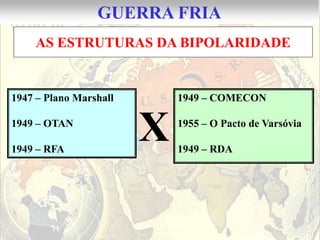 GUERRA FRIA
    AS ESTRUTURAS DA BIPOLARIDADE


1947 – Plano Marshall       1949 – COMECON

1949 – OTAN

1949 – RFA
                        X   1955 – O Pacto de Varsóvia

                            1949 – RDA
 