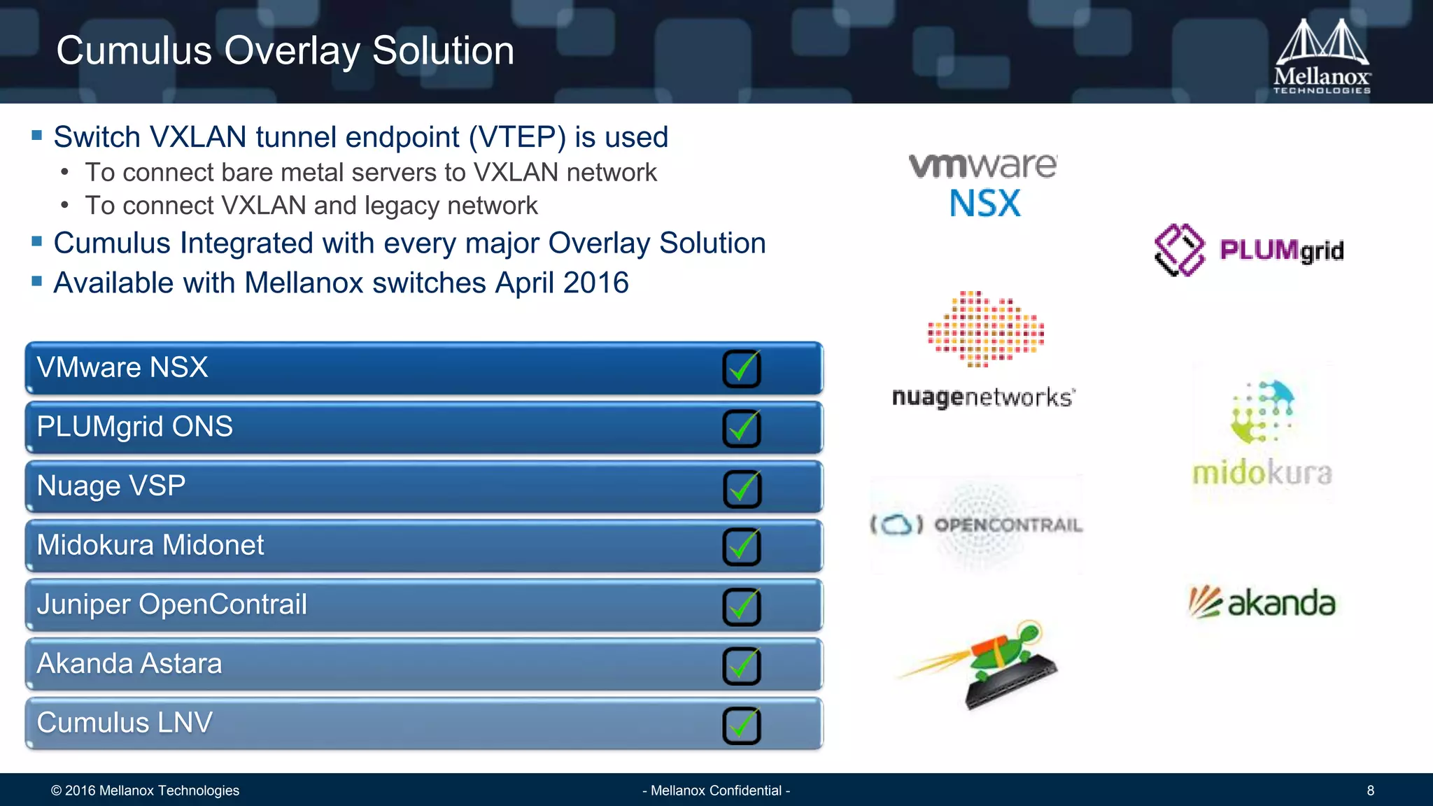 © 2016 Mellanox Technologies 8- Mellanox Confidential -
Cumulus Overlay Solution
VMware NSX
PLUMgrid ONS
Nuage VSP
Midokura Midonet
Juniper OpenContrail
Akanda Astara
Cumulus LNV
 Switch VXLAN tunnel endpoint (VTEP) is used
• To connect bare metal servers to VXLAN network
• To connect VXLAN and legacy network
 Cumulus Integrated with every major Overlay Solution
 Available with Mellanox switches April 2016
 
