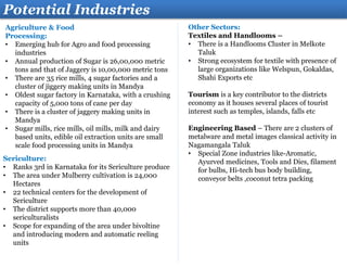 Agriculture & Food
Processing:
• Emerging hub for Agro and food processing
industries
• Annual production of Sugar is 26,00,000 metric
tons and that of Jaggery is 10,00,000 metric tons
• There are 35 rice mills, 4 sugar factories and a
cluster of jiggery making units in Mandya
• Oldest sugar factory in Karnataka, with a crushing
capacity of 5,000 tons of cane per day
• There is a cluster of jaggery making units in
Mandya
• Sugar mills, rice mills, oil mills, milk and dairy
based units, edible oil extraction units are small
scale food processing units in Mandya
Potential Industries
Other Sectors:
Textiles and Handlooms –
• There is a Handlooms Cluster in Melkote
Taluk
• Strong ecosystem for textile with presence of
large organizations like Welspun, Gokaldas,
Shahi Exports etc
Tourism is a key contributor to the districts
economy as it houses several places of tourist
interest such as temples, islands, falls etc
Engineering Based – There are 2 clusters of
metalware and metal images classical activity in
Nagamangala Taluk
• Special Zone industries like-Aromatic,
Ayurved medicines, Tools and Dies, filament
for bulbs, Hi-tech bus body building,
conveyor belts ,coconut tetra packing
Sericulture:
• Ranks 3rd in Karnataka for its Sericulture produce
• The area under Mulberry cultivation is 24,000
Hectares
• 22 technical centers for the development of
Sericulture
• The district supports more than 40,000
sericulturalists
• Scope for expanding of the area under bivoltine
and introducing modern and automatic reeling
units
 