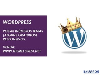 WORDPRESS
POSSUI INÚMEROS TEMAS
(ALGUNS GRATUITOS)
RESPONSIVOS.
VENDA:
WWW.THEMEFOREST.NET
 