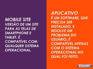 MOBILE SITE
VERSÃO DE UM SITE
PARA AS TELAS DE
SMARTPHONE E
TABLET. É
COMPATÍVEL COM
QUALQUER SISTEMA
OPERACIONAL.
APLICATIVO
É UM SOFTWARE, QUE
PRECISA SER
INSTALADO, E
RESOLVE UM
PROBLEMA DO
USUÁRIO. É
COMPATÍVEL APENAS
COM O SISTEMA
OPERACIONAL NO
QUAL FOI FEITO.
 
