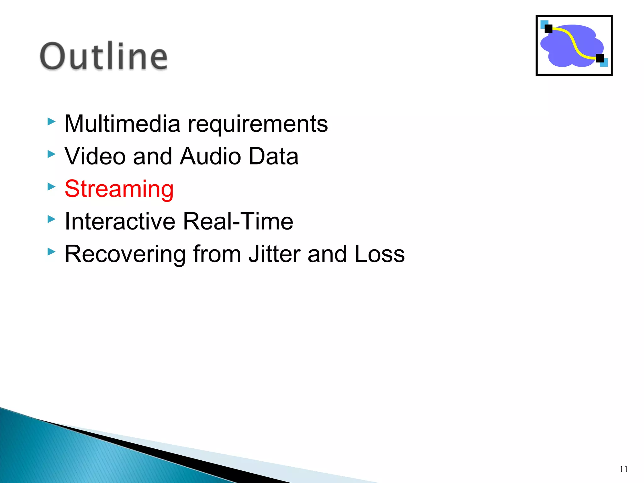  Multimedia requirements
 Video and Audio Data
 Streaming
 Interactive Real-Time
 Recovering from Jitter and Loss
11
 