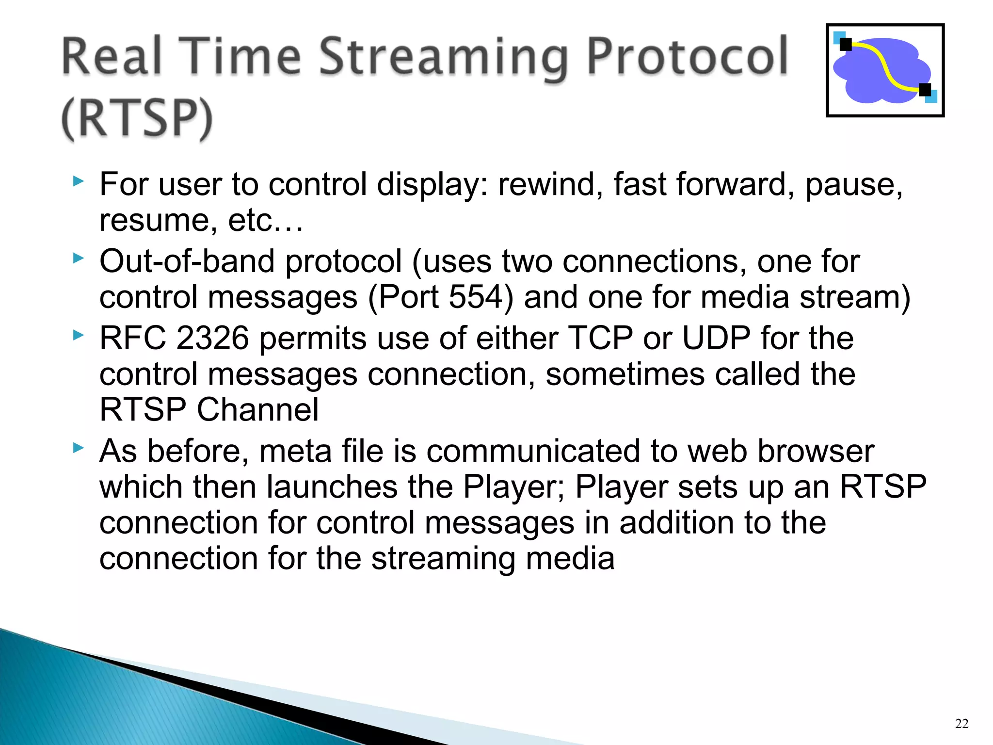  For user to control display: rewind, fast forward, pause,
resume, etc…
 Out-of-band protocol (uses two connections, one for
control messages (Port 554) and one for media stream)
 RFC 2326 permits use of either TCP or UDP for the
control messages connection, sometimes called the
RTSP Channel
 As before, meta file is communicated to web browser
which then launches the Player; Player sets up an RTSP
connection for control messages in addition to the
connection for the streaming media
22
 
