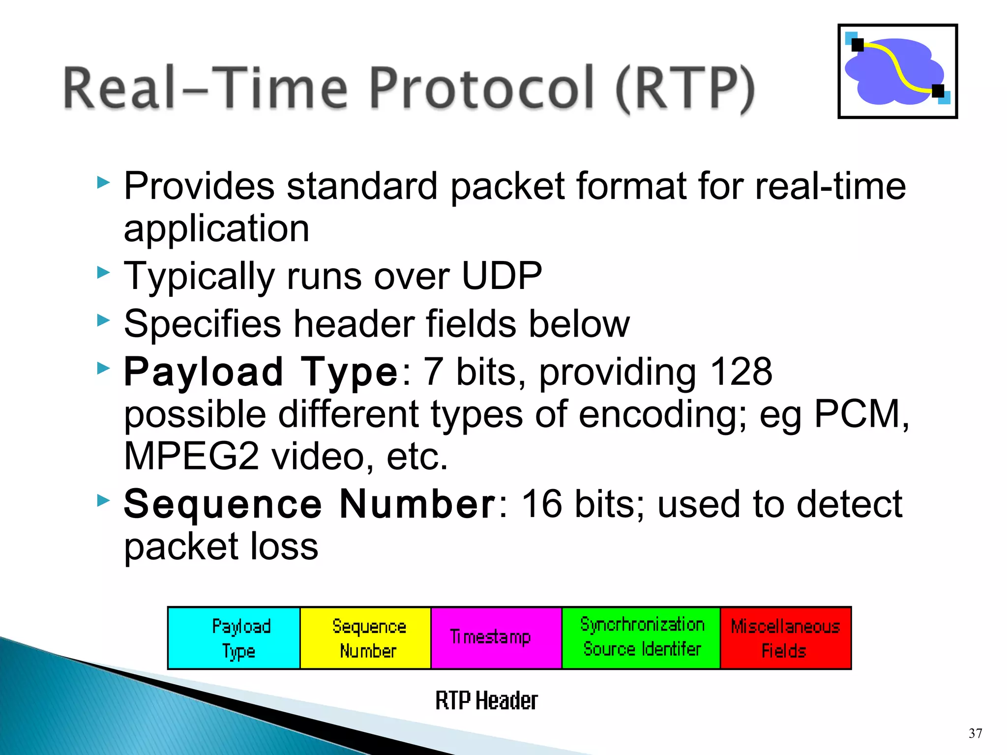  Provides standard packet format for real-time
application
 Typically runs over UDP
 Specifies header fields below
 Payload Type: 7 bits, providing 128
possible different types of encoding; eg PCM,
MPEG2 video, etc.
 Sequence Number: 16 bits; used to detect
packet loss
37
 