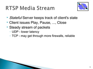  Stateful Server keeps track of client's state
 Client issues Play, Pause, ..., Close
 Steady stream of packets
◦ UDP - lower latency
◦ TCP - may get through more firewalls, reliable
26
 