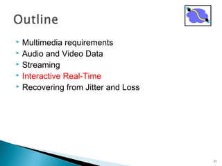  Multimedia requirements
 Audio and Video Data
 Streaming
 Interactive Real-Time
 Recovering from Jitter and Loss
32
 
