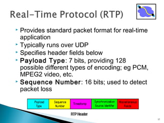  Provides standard packet format for real-time
application
 Typically runs over UDP
 Specifies header fields below
 Payload Type: 7 bits, providing 128
possible different types of encoding; eg PCM,
MPEG2 video, etc.
 Sequence Number: 16 bits; used to detect
packet loss
37
 