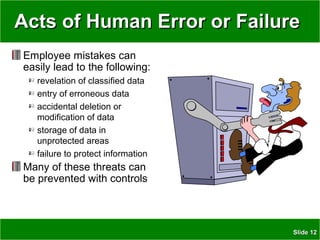 SlideSlide 1212
Acts of Human Error or FailureActs of Human Error or Failure
Employee mistakes can
easily lead to the following:
revelation of classified data
entry of erroneous data
accidental deletion or
modification of data
storage of data in
unprotected areas
failure to protect information
Many of these threats can
be prevented with controls
 