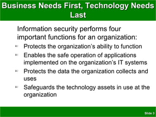 SlideSlide 33
Business Needs First, Technology NeedsBusiness Needs First, Technology Needs
LastLast
Information security performs four
important functions for an organization:
Protects the organization’s ability to function
Enables the safe operation of applications
implemented on the organization’s IT systems
Protects the data the organization collects and
uses
Safeguards the technology assets in use at the
organization
 