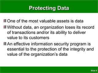 SlideSlide 66
Protecting DataProtecting Data
One of the most valuable assets is data
Without data, an organization loses its record
of transactions and/or its ability to deliver
value to its customers
An effective information security program is
essential to the protection of the integrity and
value of the organization’s data
 