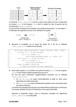 22-NSIJ2ME1 Page : 14/14
La méthode creer_labyrinthe permet, à partir d'une grille, de créer un labyrinthe
de hauteur haut et de longueur long dont la cellule en haut à gauche est de
coordonnées (ligne, colonne).
Le cas de base correspond à la situation où la grille est de hauteur 1 ou de largeur 1.
Il suffit alors de supprimer tous les murs intérieurs de la grille.
5. Recopier et compléter sur la copie les lignes 25 à 30 de la méthode
creer_labyrinthe traitant le cas de base.
24 def creer_labyrinthe(self, ligne, colonne, haut, long):
25 if haut == 1 : # Cas de base
26 for k in range(...):
27 self.creer_passage(ligne, k, ligne, k+1)
28 elif long == 1: # Cas de base
29 for k in range(...):
30 self.creer_passage(...)
31 else: # Appels récursifs
32 # Code non étudié (Ne pas compléter)
6. Dans cette question, on considère une grille de hauteur haut = 4 et de longueur
long = 8 dont chaque cellule possède tous ses murs.
On fixe les deux contraintes supplémentaires suivantes sur la méthode
creer_labyrinthe :
 Si haut ≥ long, on coupe horizontalement la grille en deux sous-
labyrinthes de même dimension.
 Si haut < long, on coupe verticalement la grille en deux sous-labyrinthes
de même dimension.
L'ouverture du passage entre les deux sous-labyrinthes se fait le plus au Nord pour
une coupe verticale et le plus à l'Ouest pour une coupe horizontale.
Dessiner le labyrinthe obtenu suite à l'exécution complète de l'algorithme
creer_labyrinthe sur cette grille.
 