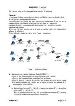 22-NSIJ2ME1 Page : 7/14
EXERCICE 3 (4 points)
Cet exercice porte sur les réseaux et les protocoles de routages.
Rappels :
Une adresse IPv4 est composée de 4 octets, soit 32 bits. Elle est notée a.b.c.d, où
a, b, c et d sont les valeurs des 4 octets.
La notation a.b.c.d/n signifie que les n premiers bits de l’adresse IP représentent la
partie « réseau », les bits qui suivent représentent la partie « machine ».
L’adresse IPv4 dont tous les bits de la partie « machine » sont à 0 est appelée
« adresse du réseau ».
L’adresse IPv4 dont tous les bits de la partie « machine » sont à 1 est appelée «
adresse de diffusion ».
On considère le réseau représenté sur la Figure 1 ci-dessous :
Figure 1 : schéma du réseau
1. On considère la machine d'adresse IPv4 192.168.1.1/24
a. Donner l’adresse du réseau sur lequel se trouve cette machine.
b. Donner l'adresse de diffusion (broadcast) de ce réseau.
c. Donner le nombre maximal de machines que l'on peut connecter sur ce réseau.
d. On souhaite ajouter une machine sur ce réseau, proposer une adresse IPv4
possible pour cette machine.
2.
a. La machine d'adresse IPv4 192.168.1.1 transmet un paquet IPv4 à la machine
d'adresse IPv4 192.168.4.2
Donner toutes les routes pouvant être empruntées par ce paquet IPv4, chaque
routeur ne pouvant être traversé qu'une seule fois.
 