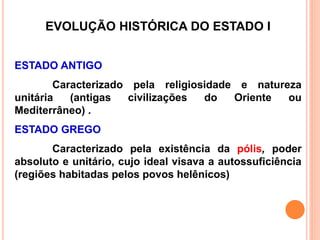 EVOLUÇÃO HISTÓRICA DO ESTADO I
ESTADO ANTIGO
Caracterizado pela religiosidade e natureza
unitária (antigas civilizações do Oriente ou
Mediterrâneo) .
ESTADO GREGO
Caracterizado pela existência da pólis, poder
absoluto e unitário, cujo ideal visava a autossuficiência
(regiões habitadas pelos povos helênicos)
 