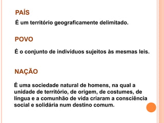 PAÍS
É um território geograficamente delimitado.
POVO
É o conjunto de indivíduos sujeitos às mesmas leis.
NAÇÃO
É uma sociedade natural de homens, na qual a
unidade de território, de origem, de costumes, de
língua e a comunhão de vida criaram a consciência
social e solidária num destino comum.
 