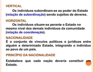 VERTICAL
Os indivíduos subordinam-se ao poder do Estado
(relação de subordinação) sendo sujeitos de deveres.
HORIZONTAL
Os indivíduos situam-se perante o Estado no
mesmo nível dos demais indivíduos da comunidade
(relação de coordenação).
NACIONALIDADE
É o conjunto de vínculos políticos e jurídicos entre
alguém e determinado Estado, integrando o indivíduo
ao povo de um país.
PRINCÍPIO DA NACIONALIDADE
Estabelece que cada nação deveria constituir um
Estado.
 