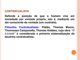 CONTRATUALISTA
Defende a posição de que o homem vive em
sociedade por vontade própria, isto é, mediante um
ato consciente de vontade (um contrato).
Filósofos Contratualistas: Platão, Thomas Moore,
Thommazo Campanella, Thomas Hobbes, cuja obra “O
Leviatã” é considerada a primeira sistematização da
doutrina contratualista.
 