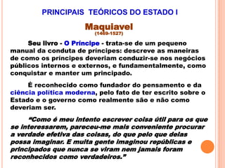 Maquiavel
(1469-1527)
Seu livro - O Príncipe - trata-se de um pequeno
manual da conduta de príncipes: descreve as maneiras
de como os príncipes deveriam conduzir-se nos negócios
públicos internos e externos, e fundamentalmente, como
conquistar e manter um principado.
É reconhecido como fundador do pensamento e da
ciência política moderna, pelo fato de ter escrito sobre o
Estado e o governo como realmente são e não como
deveriam ser.
“Como é meu intento escrever coisa útil para os que
se interessarem, pareceu-me mais conveniente procurar
a verdade efetiva das coisas, do que pelo que delas
possa imaginar. E muita gente imaginou repúblicas e
principados que nunca se viram nem jamais foram
reconhecidos como verdadeiros.”
PRINCIPAIS TEÓRICOS DO ESTADO I
 