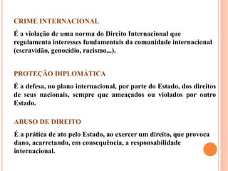 CRIME INTERNACIONAL
É a violação de uma norma do Direito Internacional que
regulamenta interesses fundamentais da comunidade internacional
(escravidão, genocídio, racismo...).
PROTEÇÃO DIPLOMÁTICA
É a defesa, no plano internacional, por parte do Estado, dos direitos
de seus nacionais, sempre que ameaçados ou violados por outro
Estado.
ABUSO DE DIREITO
É a prática de ato pelo Estado, ao exercer um direito, que provoca
dano, acarretando, em consequência, a responsabilidade
internacional.
 