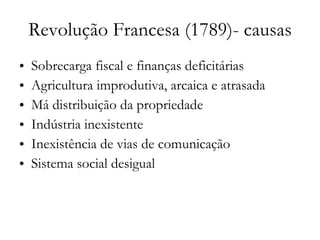 Revolução Francesa (1789)- causas Sobrecarga fiscal e finanças deficitárias Agricultura improdutiva, arcaica e atrasada Má distribuição da propriedade Indústria inexistente Inexistência de vias de comunicação Sistema social desigual 