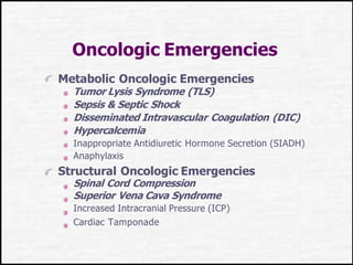 Oncologic Emergencies
Metabolic Oncologic Emergencies
Tumor Lysis Syndrome (TLS)
Sepsis & Septic Shock
Disseminated Intravascular Coagulation (DIC)
Hypercalcemia
Inappropriate Antidiuretic Hormone Secretion (SIADH)
Anaphylaxis
Structural Oncologic Emergencies
Spinal Cord Compression
Superior Vena Cava Syndrome
Increased Intracranial Pressure (ICP)
Cardiac Tamponade
 