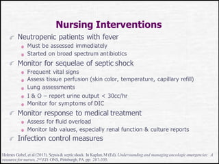 Nursing Interventions
Neutropenic patients with fever
Must be assessed immediately
Started on broad spectrum antibiotics
Monitor for sequelae of septic shock
Frequent vital signs
Assess tissue perfusion (skin color, temperature, capillary refill)
Lung assessments
I & O – report urine output < 30cc/hr
Monitor for symptoms of DIC
Monitor response to medical treatment
Assess for fluid overload
Monitor lab values, especially renal function & culture reports
Infection control measures
Holmes Gobel,et al (2013).Sepsis& septicshock. In Kaplan,M (Ed). Understandingand managingoncologicemergencies: A
resource for nurses,2nd ED. ONS, Pittsburgh, PA. pp: 287-335.
 