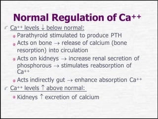 Normal Regulation of Ca++
Ca++ levels  below normal:
Parathyroid stimulated to produce PTH
Acts on bone  release of calcium (bone
resorption) into circulation
Acts on kidneys  increase renal secretion of
phosphorous  stimulates reabsorption of
Ca++
Acts indirectly gut  enhance absorption Ca++
Ca++ levels  above normal:
Kidneys  excretion of calcium
 