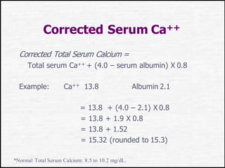 Corrected Serum Ca++
Corrected Total Serum Calcium =
Total serum Ca++ + (4.0 – serum albumin) X 0.8
Example: Ca++ 13.8 Albumin 2.1
= 13.8 + (4.0 – 2.1) X 0.8
= 13.8 + 1.9 X 0.8
= 13.8 + 1.52
= 15.32 (rounded to 15.3)
*Normal Total Serum Calcium: 8.5 to 10.2 mg/dL.
 