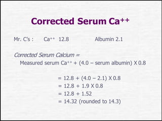Corrected Serum Ca++
Mr. C’s : Ca++ 12.8 Albumin 2.1
Corrected Serum Calcium =
Measured serum Ca++ + (4.0 – serum albumin) X 0.8
= 12.8 + (4.0 – 2.1) X 0.8
= 12.8 + 1.9 X 0.8
= 12.8 + 1.52
= 14.32 (rounded to 14.3)
 