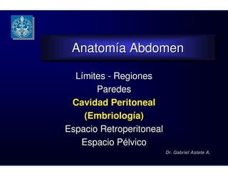 Anatomía Abdomen
 Anatomía Abdomen

  Límites - Regiones
       Paredes
 Cavidad Peritoneal
    (Embriología)
Espacio Retroperitoneal
   Espacio Pélvico
                          Dr. Gabriel Astete A.
 