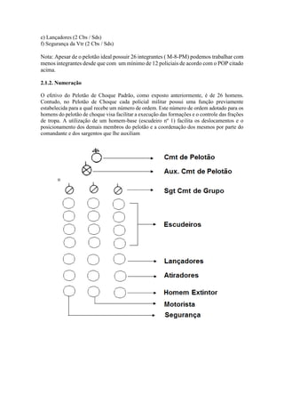 e) Lançadores (2 Cbs / Sds)
f) Segurança da Vtr (2 Cbs / Sds)
Nota: Apesar de o pelotão ideal possuir 26 integrantes ( M-8-PM) podemos trabalhar com
menos integrantes desde que com um mínimo de 12 policiais de acordo com o POP citado
acima.
2.1.2. Numeração
O efetivo do Pelotão de Choque Padrão, como exposto anteriormente, é de 26 homens.
Contudo, no Pelotão de Choque cada policial militar possui uma função previamente
estabelecida para a qual recebe um número de ordem. Este número de ordem adotado para os
homens do pelotão de choque visa facilitar a execução das formações e o controle das frações
de tropa. A utilização de um homem-base (escudeiro nº 1) facilita os deslocamentos e o
posicionamento dos demais membros do pelotão e a coordenação dos mesmos por parte do
comandante e dos sargentos que lhe auxiliam
 