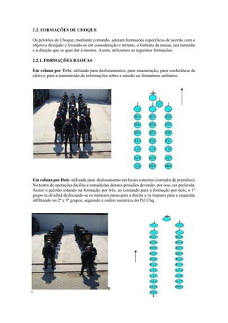 2.2. FORMAÇÕES DE CHOQUE
Os pelotões de Choque, mediante comando, adotam formações específicas de acordo com o
objetivo desejado e levando-se em consideração o terreno, o formato da massa, seu tamanho
e a direção que se quer dar à mesma. Assim, utilizamos as seguintes formações:
2.2.1. FORMAÇÕES BÁSICAS
Em coluna por Três: utilizada para deslocamentos, para enumeração, para conferência de
efetivo, para a transmissão de informações sobre a missão ou formaturas militares.
Em coluna por Dois: utilizada para deslocamento em locais estreitos (corredor de presídios).
No teatro de operações facilita a tomada das demais posições devendo, por isso, ser preferida.
Assim o pelotão estando na formação por três, ao comando para a formação por dois, o 1º
grupo se dividirá deslocando-se os números pares para a direita e os ímpares para a esquerda,
infiltrando no 2º e 3º grupos, seguindo a ordem numérica do Pel Chq.
 