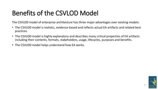 Benefits of the CSVLOD Model
32
The CSVLOD model of enterprise architecture has three major advantages over existing models:
• The CSVLOD model is realistic, evidence-based and reflects actual EA artifacts and related best
practices.
• The CSVLOD model is highly explanatory and describes many critical properties of EA artifacts
including their contents, formats, stakeholders, usage, lifecycles, purposes and benefits.
• The CSVLOD model helps understand how EA works.
 