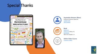 Svyatoslav Kotusev (Slava)
Enterprise Architecture Researcher
LinkedIn Profile
Official Website
Book
ebooks.com
amazon.com (Rating: 4.6)
Book Review
ISBN: 978-0-6450825-2-4
Online Video Course
3 Courses in Udemy
Special Thanks
 
