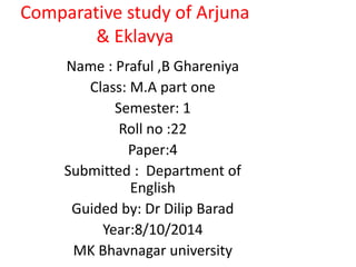 Comparative study of Arjuna 
& Eklavya 
Name : Praful ,B Ghareniya 
Class: M.A part one 
Semester: 1 
Roll no :22 
Paper:4 
Submitted : Department of 
English 
Guided by: Dr Dilip Barad 
Year:8/10/2014 
MK Bhavnagar university 
 