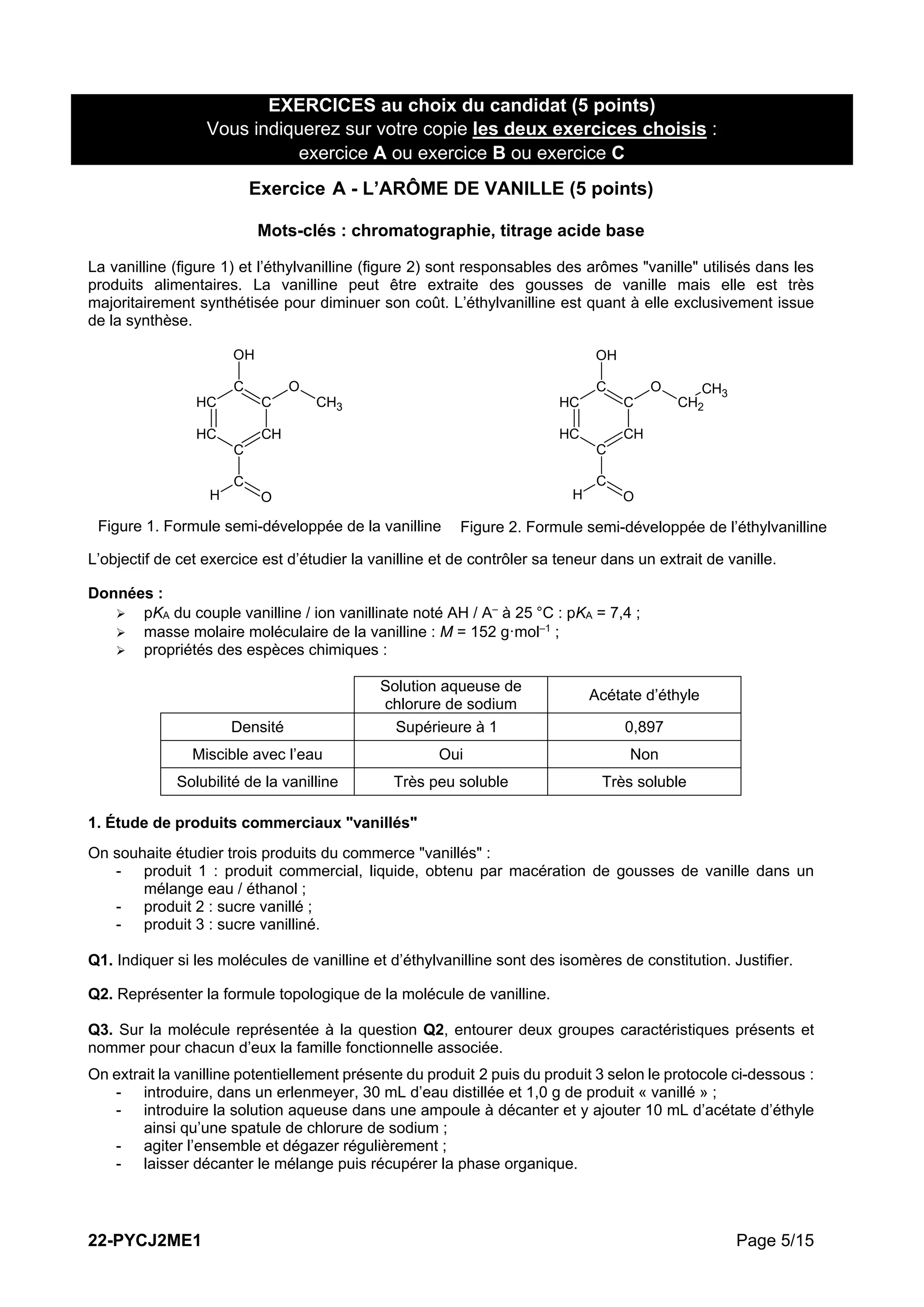 Dosage De La Vanilline Exercice Corrigé Bac 2022 - Physique Chimie Sujet jour 2