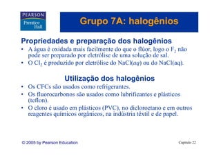 Grupo 7A: halogênios
                                 p          g

Propriedades e preparação dos halogênios
• A água é oxidada mais facilmente do que o flúor, logo o F2 não
  pode ser preparado por eletrólise de uma solução de sal.
• O Cl2 é produzido por eletrólise do NaCl(aq) ou do NaCl(aq).

                    Utilização dos halogênios
• Os CFCs são usados como refrigerantes.
• Os fluorocarbonos são usados como lubrificantes e plásticos
  (teflon).
• O cloro é usado em plásticos (PVC), no dicloroetano e em outros
  reagentes químicos orgânicos, na indústria têxtil e de papel.
                     orgânicos                           papel



© 2005 by Pearson Education                                 Capítulo 22
 
